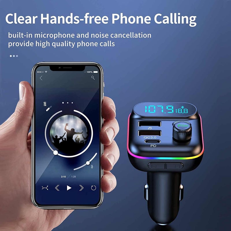 Sanxup Bluetooth Adapter for Car, Wireless FM Radio Transmitter, Wireless Bluetooth 5.0, MP3 Music Player, QC3.0 + PD 20W USB Car Charger, 7 Colors LED Backlit - Image 3